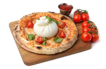 Delicious pizza with burrata cheese, basil, sauce and tomatoes isolated on white