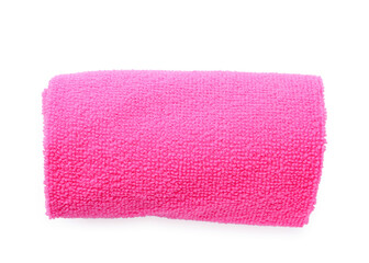 Clean pink microfiber cloth isolated on white, top view