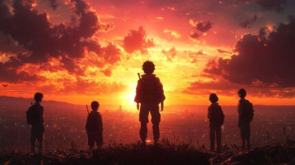 A group of four people in silhouette stand on a hilltop overlooking a city skyline as the sun sets behind them. They are all holding swords or weapons. The sky is a fiery orange and red.