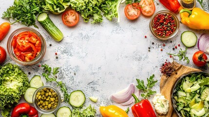 Fresh Vegetables Arranged in a Beautiful Frame on a White Background, Perfect for Healthy Cooking and Culinary Inspiration