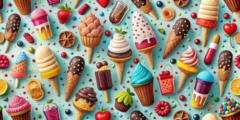 A whimsical and colorful pattern of delightful frozen treats, candies, and fruits, a delightful celebration of summer flavors.