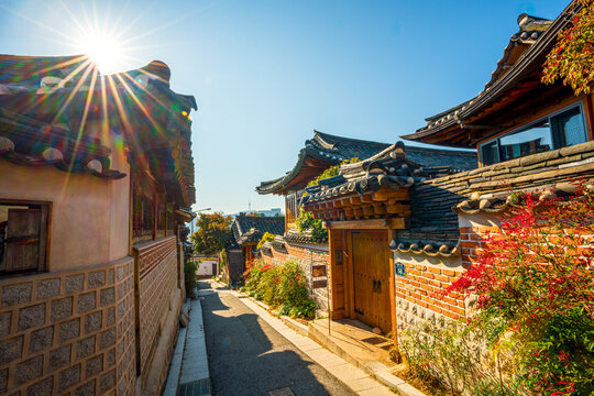 Bukchon Hanok Village, a tourist attraction and historical site, is a beautiful old village located in the heart of Seoul, South Korea.