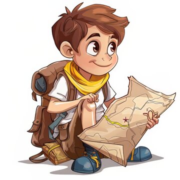 recommend clip art: Happy Boy Scout Adventure with Backpack and Map on White Background Illustration