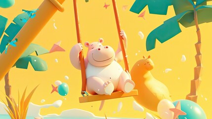 Naklejka premium A Smiling Pink Hippopotamus Swings on a Rope Swing in a 3D Rendered Tropical Paradise