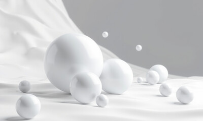 serene composition of white spheres on soft, flowing surface, creating calming and minimalist aesthetic. smooth textures and gentle curves enhance visual appeal
