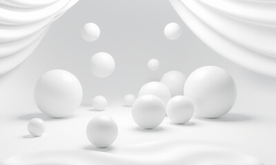 serene composition of white spheres in minimalist setting, creating calm and elegant atmosphere. soft drapery enhances visual appeal