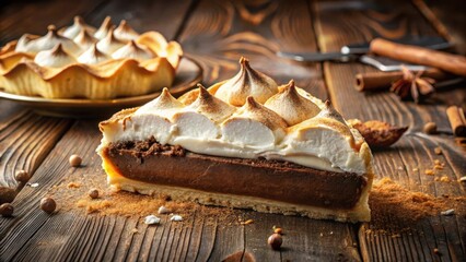 A slice of chocolate meringue pie,  with a light dusting of cocoa powder, sits on a wooden surface with scattered cinnamon sticks and star anise.