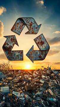 rusty recycling symbol over metal scrapyard at sunset