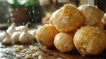 Fresh garlic bulbs on a wooden cutting board with water droplets.