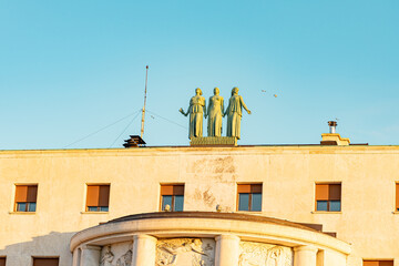 Elegant corner building with classical architecture against a clear blue sky in Belgrade, Serbia. Perfect for urban design, travel, and historical content. High quality photo