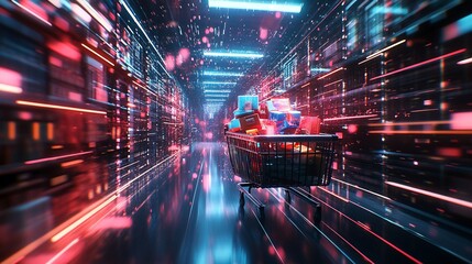 A shopping cart filled with colorful boxes moves through a futuristic, glowing, digital aisle with motion blur.