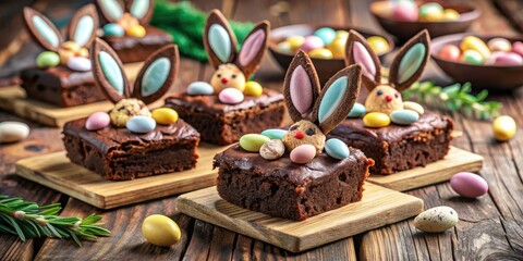 Festive Easter Brownies with Bunny Ears Decorated with Pastel Candy Eggs and Chocolate Glaze