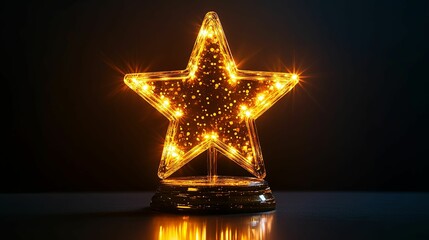 Illuminated Glass Star with Gold Base on Black Surface