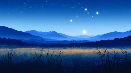 A tranquil night landscape featuring rolling mountains and a starry sky, perfect for themes of tranquility, nature, or astronomy, Ideal for use in travel blogs, meditation apps