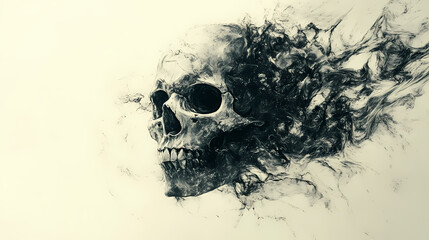 Creative monochrome artwork of a decomposing skull blending into abstract forms, symbolizing death and transformation. Monochrome. Illustration