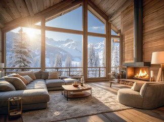 AI-generated image of luxury Chalet resort with a cozy fireplace and a view of the mountain top covered with snow