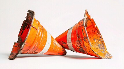 Isolated Damaged Orange Traffic Cones on White Background Highlighting Wear and Tear Perfect for Safety and Road Work Illustrations