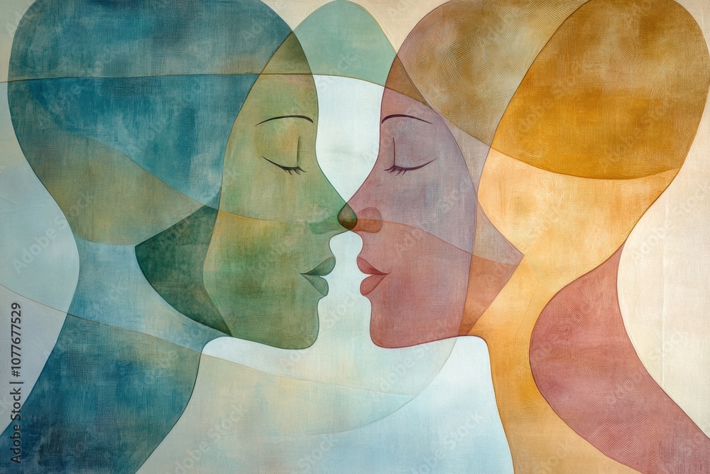Poster two abstract silhouettes of faces in gentle pastel colors convey a sense of deep communication and e