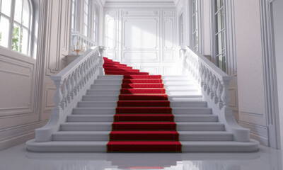 Obraz premium grand white staircase adorned with luxurious red carpet, creating elegant and inviting atmosphere. Natural light enhances beauty of space