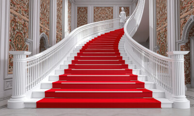 Elegant white staircase with luxurious red carpet leading upwards, showcasing intricate architectural details and opulent surroundings