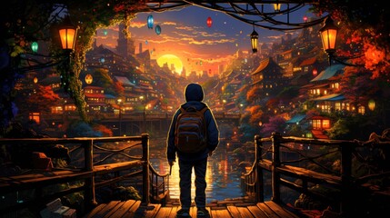 A serene landscape featuring a person overlooking a vibrant town at sunset, surrounded by lanterns and autumn foliage, Ideal for themes of adventure, travel, or introspection,
