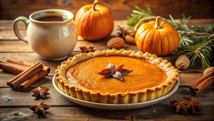 A Golden Brown Pumpkin Pie with a Star Anise Garnish, Sitting on a Wooden Table Alongside Cinnamon Sticks and Pumpkins