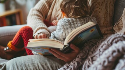 A parent cuddling with their child on a cozy couch reading a childrens book together.