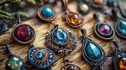 A close-up view of various colorful gemstone pendants wrapped in wire, displayed on a wooden surface.