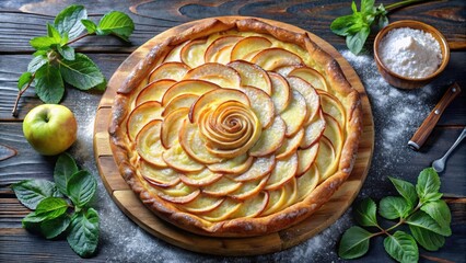 A visually appealing apple pie with a delicate powdered sugar dusting and a rosette of apple slices in the center, resting on a wooden board with fresh mint leaves nearby.