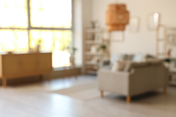 Blurred view of light living room with grey sofas, shelf units and plants