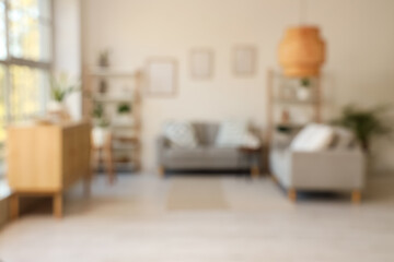 Blurred view of light living room with grey sofas, shelf units and plants