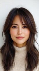 Naklejka premium A woman with long, flowing hair smiles softly, wearing a cozy, knitted sweater against a neutral background, This image conveys warmth and approachability, ideal for beauty, fashion
