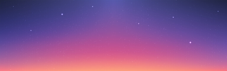 Starry sky background. Night stardust wallpaper. Wide sunset with stars. Beautiful cosmic texture for website or poster. Fantasy gradient with starry effect. Vector illustration.