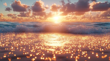 A serene sunset over a shimmering ocean, creating a tranquil and picturesque scene.