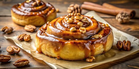 Close-up of a Pecan-Topped Cinnamon Roll with Drizzled Caramel Glaze and Scattered Pecan Halves on Parchment Paper