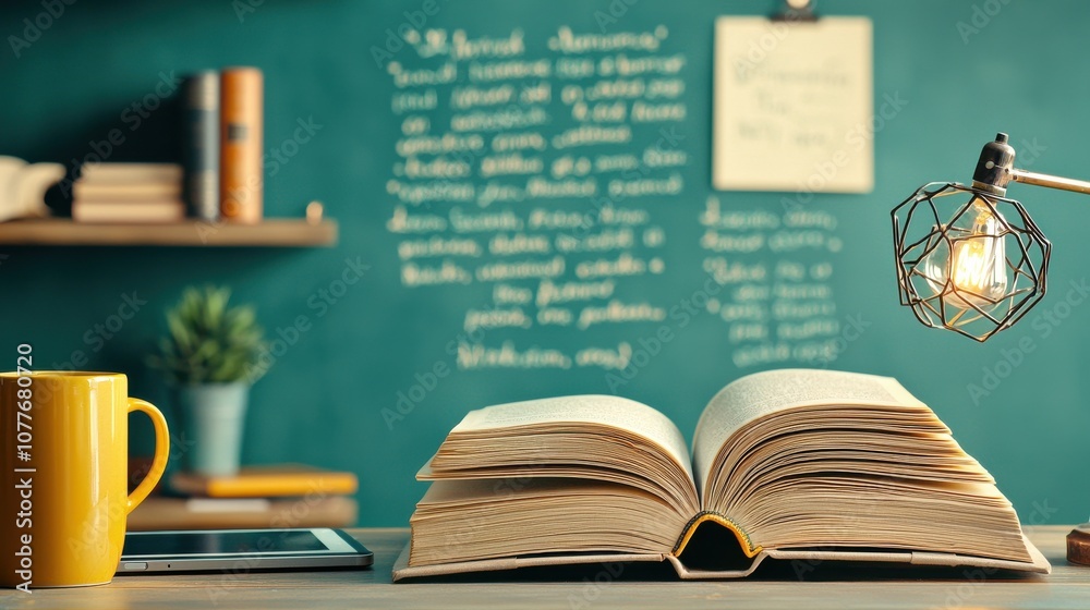 Poster create an inspiring home study setup featuring books and devices on a light background