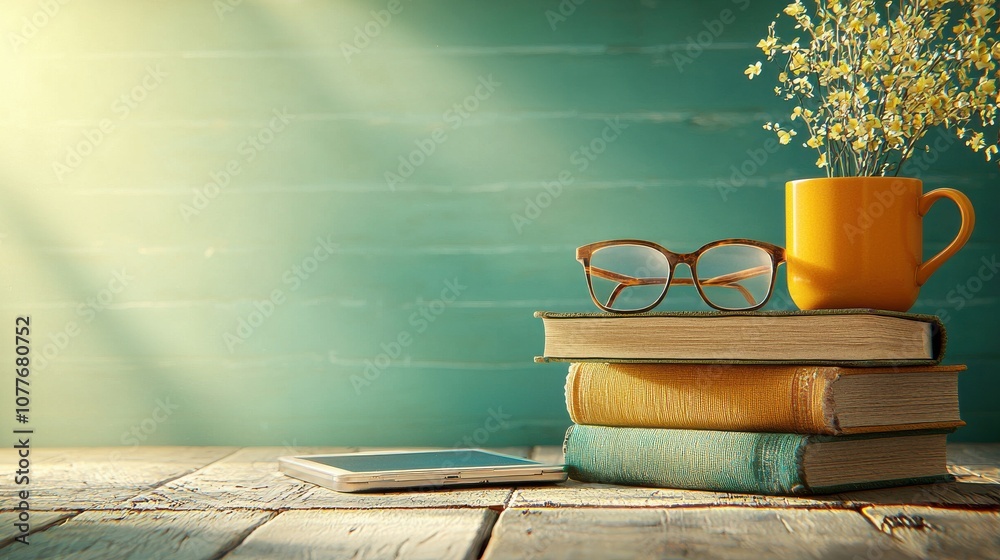Poster Create an inspiring home study setup featuring books and devices on a light background for enhanced productivity