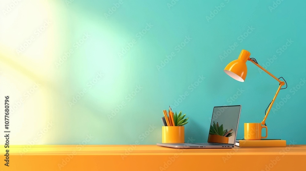Poster enhance your learning experience with interactive software on a laptop under a stylish light standar