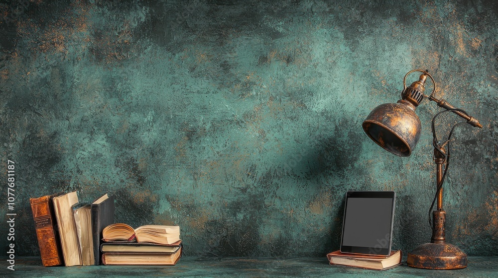 Poster Create an inspiring online learning setup with essential books and a tablet on a stylish mini stand