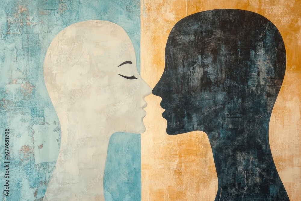 Fototapete Two abstract silhouettes in soft pastel shades face each other, visually expressing themes of communication and empathy. Generative AI