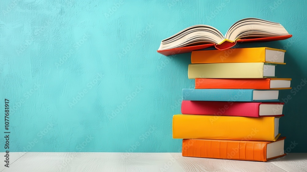 Poster Create an inspiring student workspace with digital notes and colorful books for enhanced learning