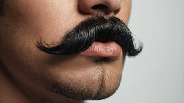 A close-up of a man showcasing a stylized mustache with defined lines and a smooth appearance against a neutral background