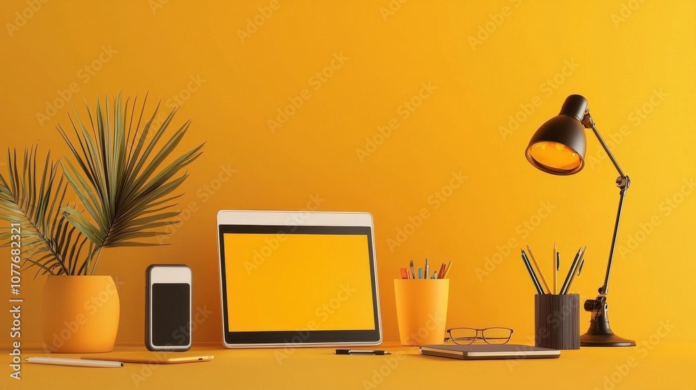 Poster Create an engaging virtual classroom setup with essential devices and stationery for effective learning