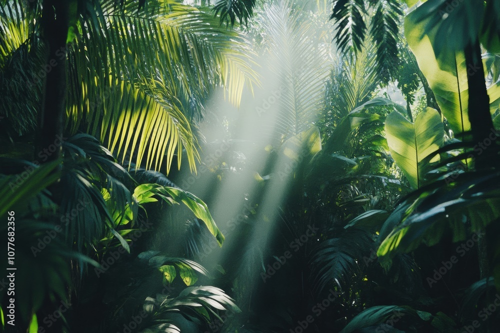 Poster sunrays penetrate the dense canopy, illuminating the rich greens of a tropical forest, creating a tr