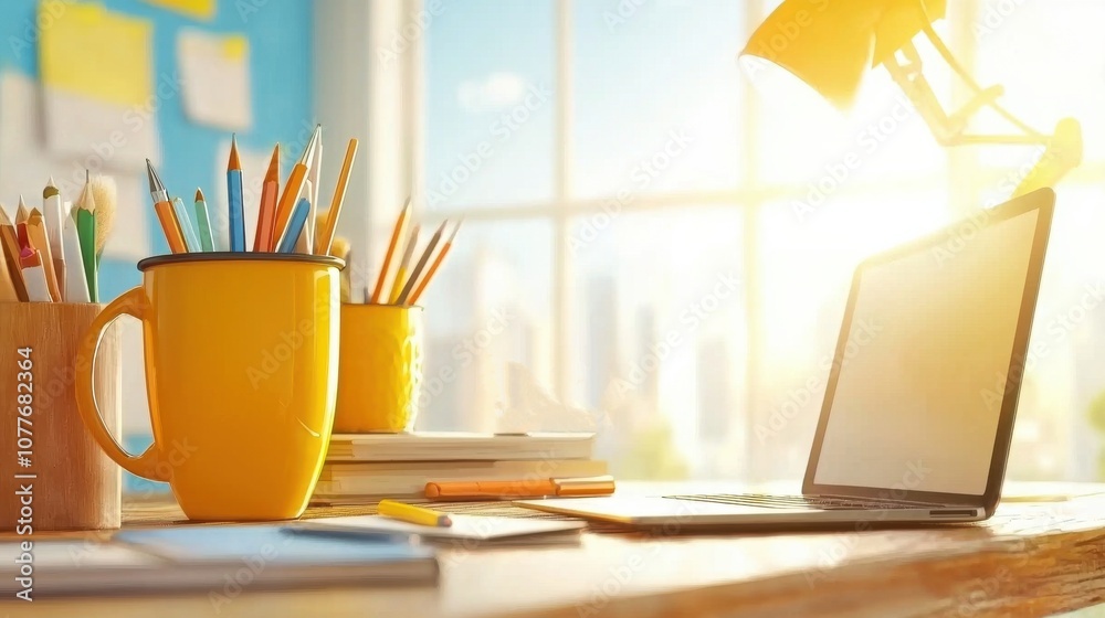 Fototapete Create an inspiring virtual study desk with a tablet and notebook for enhanced productivity and comfort