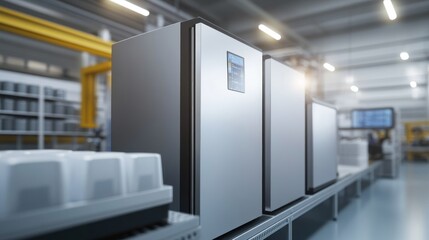 A row of industrial refrigerators in a modern warehouse setting.