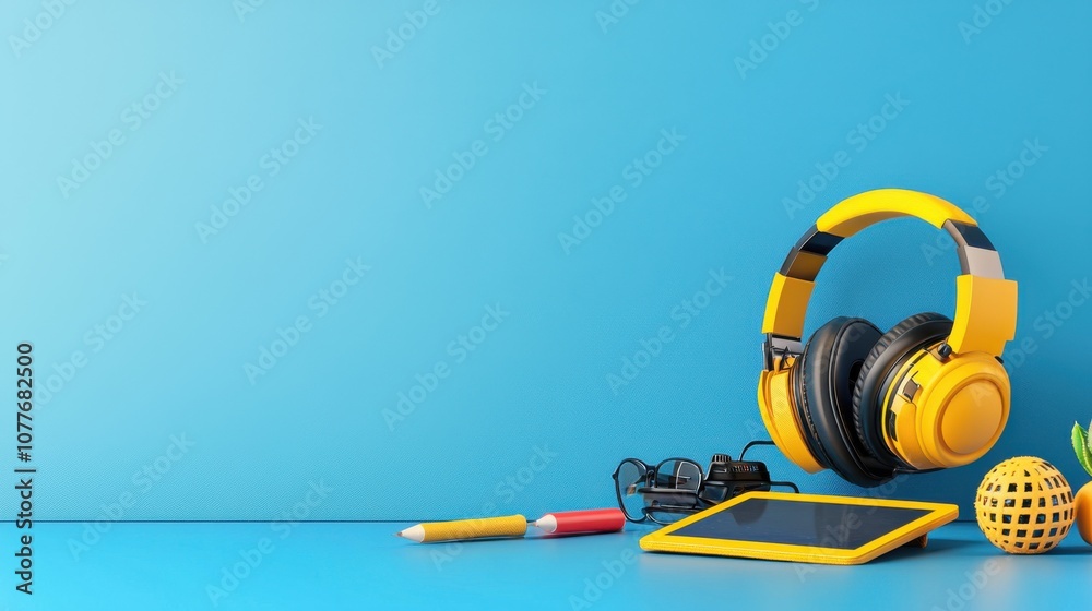 Poster transform your learning experience with a digital desk featuring a tablet and headset for modern edu