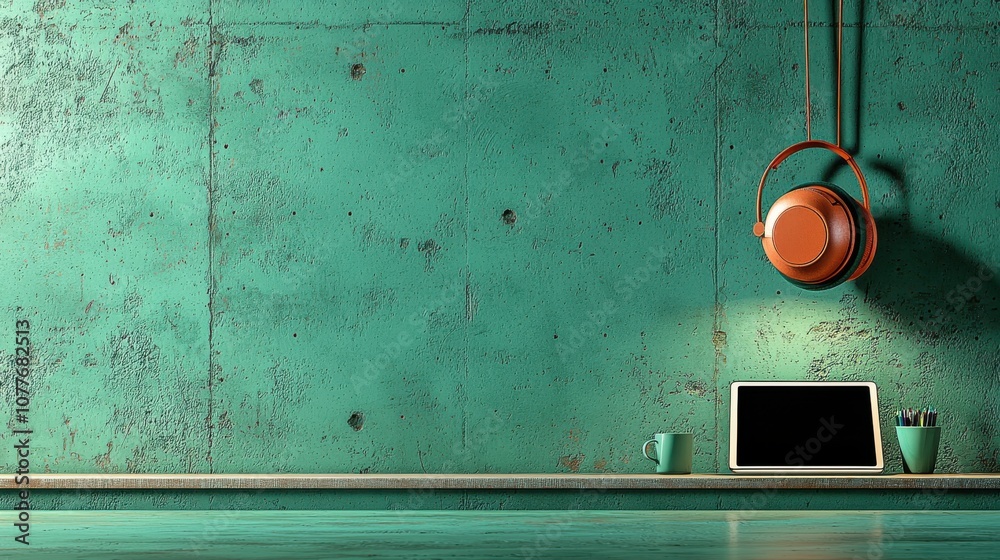 Poster Create an engaging digital learning environment with a tablet and headset on a stylish desk