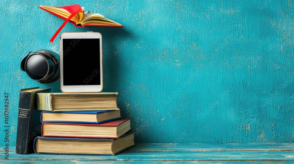 Poster establishing an effective distance learning setup with books and technology devices for students
