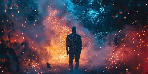 Silhouette of a man standing in front of a fiery explosion and smoke, a dramatic scene with a dark and mysterious aesthetic.
